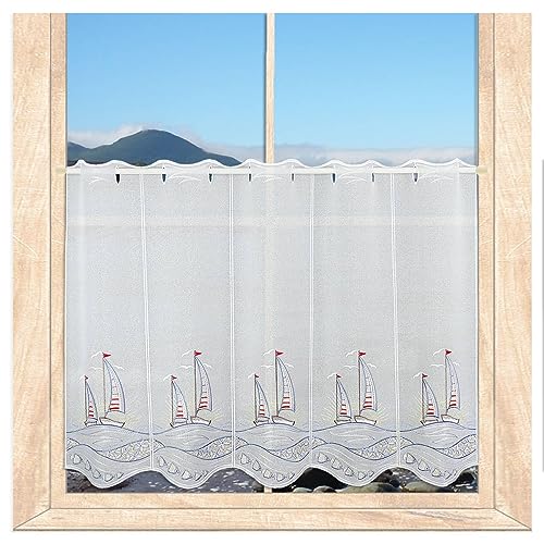 atelier alles-Spitze Maritime Scheibengardine Segelboote im Sonnenuntergang | Blickdichte Badgardine mit hochwertiger Stickerei | Höhe x Breite: 80 x 64 cm von atelier alles-Spitze