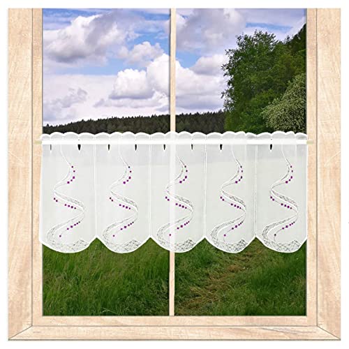 atelier alles-Spitze Stickerei-Scheibengardine Julietta | Halbtransparente Kurzgardine, modern Bestickt in weiß und lila | Höhe x Breite: 30 x 96 cm von atelier alles-Spitze