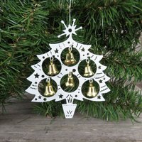 Vintage Bemalter Messing Baum Mit Glöckchen Ornament Weihnachten Weiß Metall Made in Taiwan von atgrandmastable