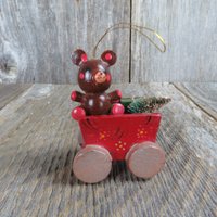 Vintage Holz Teddybär Im Wagen Ornament Weihnachten Rot Pinsel Baum Geschenk Russ von atgrandmastable