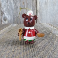 Vintage Teddybär Bäcker Ornament Holz Weihnachten Gebäck Mutterschürze Mädchen von atgrandmastable