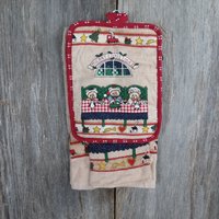 Vintage Teddybär Weihnachten Küchentuch Geschirrtuch Topflappen Set 100% Baumwolle Rot Beige Blau Ofen von atgrandmastable