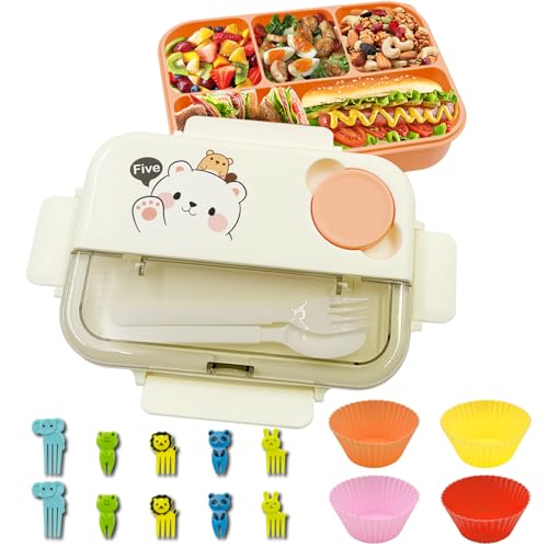 atrccs Brotdose mit Utensilien und Soßengläsern, Bento Lunch Box mit 4 Fächern, mikrowellensichere & spülmaschinenfeste Bento Box für die Schule, Süße Bento Snack Box für Jungen & Mädchen von atrccs