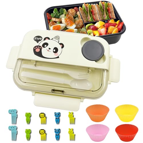 atrccs Brotdose mit Utensilien und Soßengläsern, Bento Lunch Box mit 3 Fächern, mikrowellensichere & spülmaschinenfeste Bento Box für die Schule, Süße Bento Snack Box für Jungen & Mädchen von atrccs
