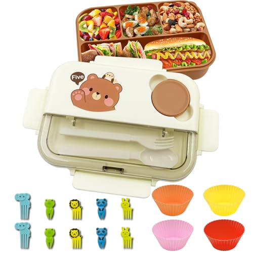 atrccs Brotdose mit Utensilien und Soßengläsern, Bento Lunch Box mit 4 Fächern, mikrowellensichere & spülmaschinenfeste Bento Box für die Schule, Süße Bento Snack Box für Jungen & Mädchen von atrccs