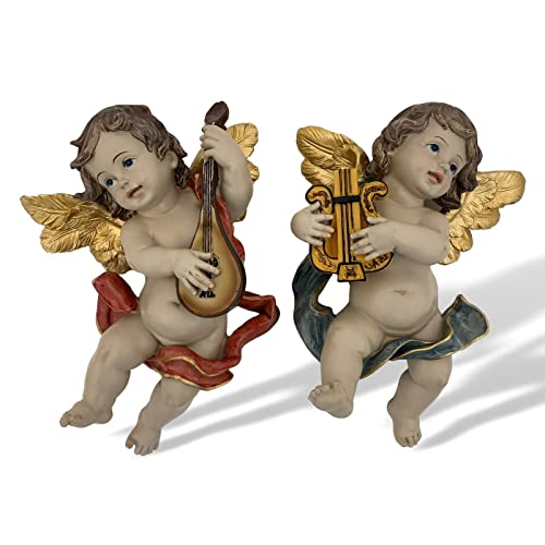 2er Set Engel Putte Figur Mandoline Harfe zum Aufhängen 21cm Antik-Stil von aubaho