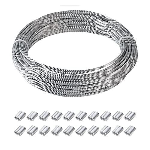 aufodara 15m x 2mm Drahtseil PVC-ummantelt Edelstahl Stahlseil mit 20 Stück Aluminium Crimpschlaufe für Bilderrahmen Hängender Seil Wäscheleine Pflanzenhalter (15M) von aufodara