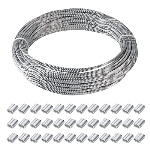 aufodara 30m x 2mm Drahtseil PVC-ummantelt Edelstahl Stahlseil mit 36 Stück Aluminium Crimpschlaufe für Bilderrahmen Hängender Seil Wäscheleine Pflanzenhalter (30M) von aufodara