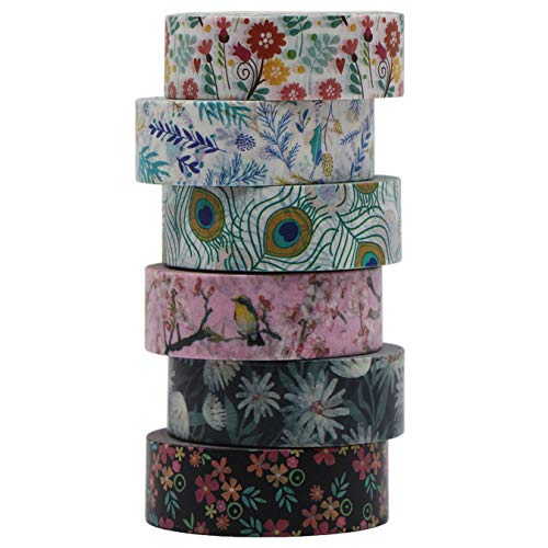 aufodara 6 Rollen Washi Tape Set dekorative Blumen und Vögel Mustern Klebeband Masking Tape für Scrapbooking DIY Handwerk 10m x 15mm- blumig von aufodara