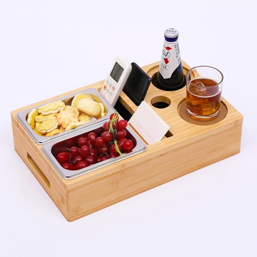 Couchbar,AULLALAH Sofatablett mit Zwei Snackschalen,Couch Tablett mit Getränkehalter,Couchbar Holz als Bier Geschenke für Männer von aullalah