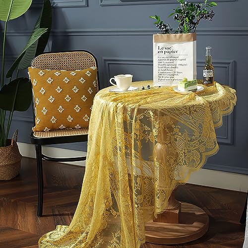 Gelb Spitze Tischdecke Runde, Vintage floral bestickte Tischdecke, Elegantes Chic Overlay Tischtuch für Hochzeit Bankett Party Esstisch Dekor, Rund 150cm/60inch von auons
