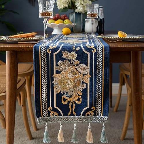 Luxus Tischläufer mit Multi-Quasten, Lange Elegante Stickerei Jacquard Tischläufer Kommode Schal für Esszimmer Party Bankett Couchtisch, Blau, 35x160cm von auons