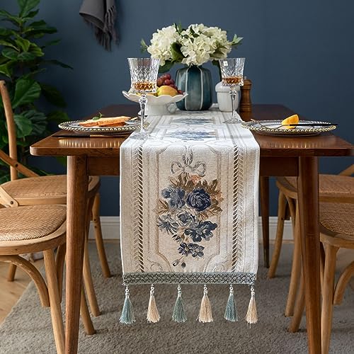 Luxus Tischläufer mit Multi-Quasten, Lange Elegante Stickerei Jacquard Tischläufer Kommode Schal für Esszimmer Party Bankett Couchtisch, Weiß, 32x180cm von auons