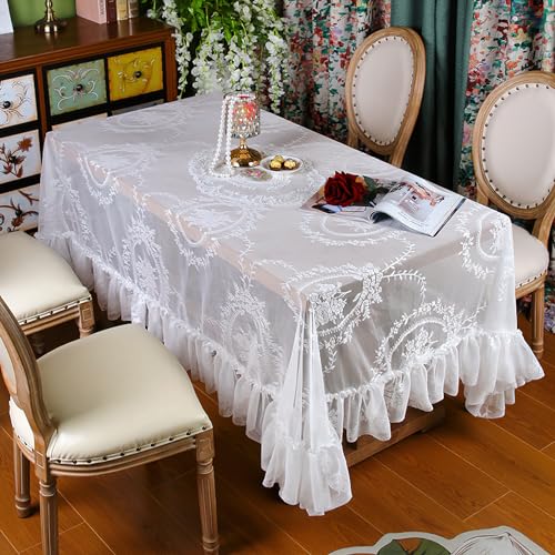 Vintage Weiße Spitze Tischdecke Blumen Bestickte Rüschen Rechteckige Tischtuch, französische rustikale Häkeltischdecke für Hochzeit Party Bankett Dekoration, 110x160cm von auons