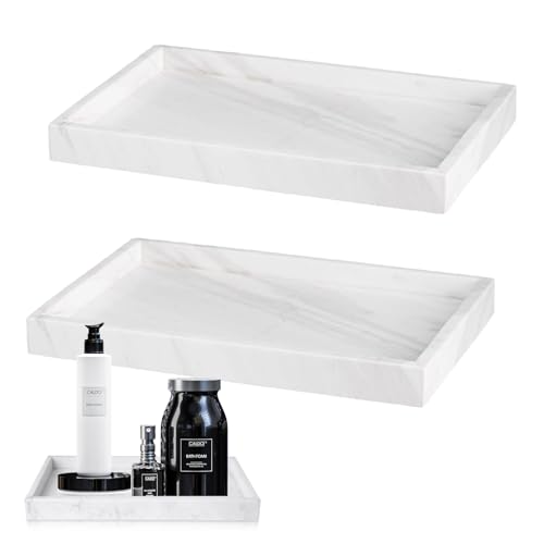 Aupawdy 2 Stück Rechteckig Badezimmertablett aus Kunstharz, Silikon Badezimmer Tablett, Aufbewahrungstablett, für Seife, Küchenspüle, Badezimmer, Arbeitsplatte, Toilette, Marmor Weiß, 22x 11 cm von aupawdy