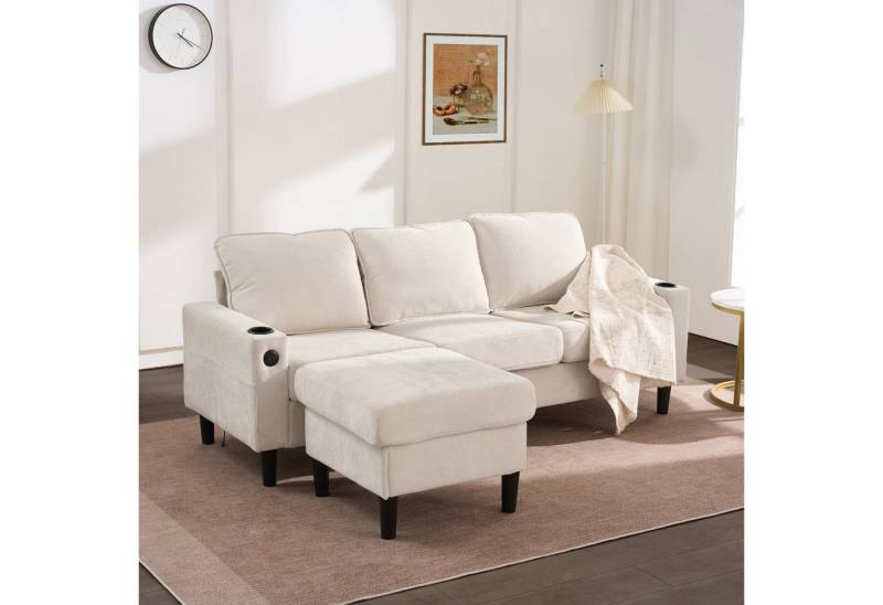 autolock 3-Sitzer Gepolstertes Sofa Couch mit USB & Typ-C-Anschlüssen, 2 Getränkehaltern, L-förmiges Schlafsofa für Wohnzimmer Wohnung Schlafzimmer Leinen von autolock
