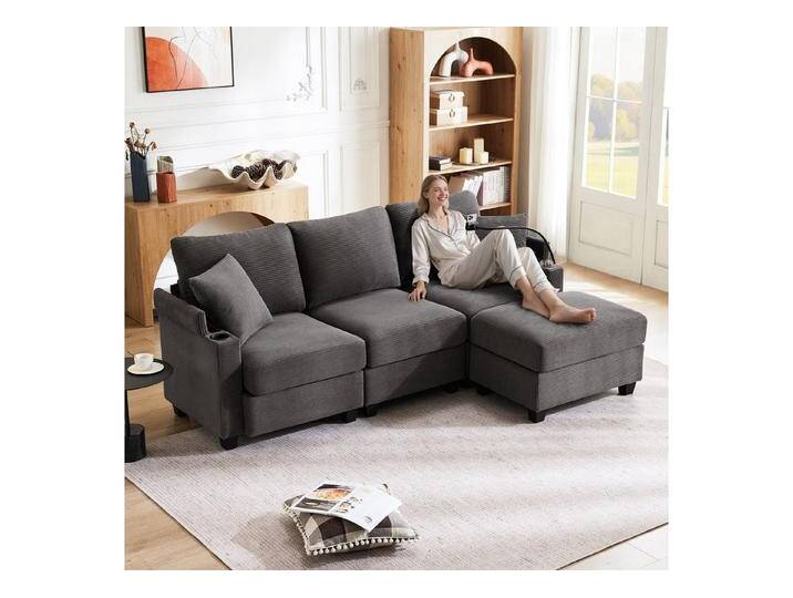 autolock 3-Sitzer L-förmiges Ecksofa umwandelbares Sofa mit Fußhocker für 3-4 Personen, für Wohnzimmer, Büro, Wohnung, grau, grau von autolock