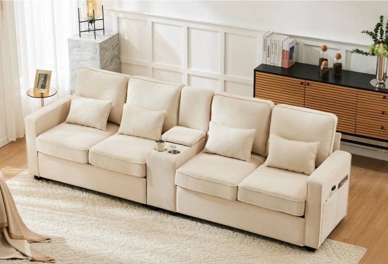 autolock 4-Sitzer XXL-Sofa mit Konsole Getränkehaltern USB-Anschlüssen Armlehnentaschen, Multifunktionssofa Polstermöbel aus Leinenstoff für Wohnzimmer autolock 4-Sitzer XXL-Sofa mit Konsole Getränkehaltern USB-Anschlüssen Armlehnentaschen, Multifunktionssofa Polstermöbel aus Leinenstoff für Wohnzimmer von autolock