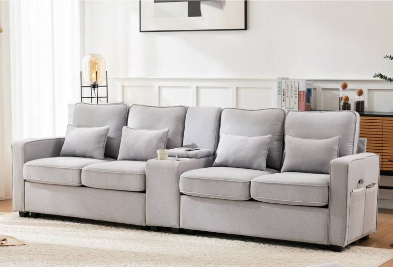 autolock 4-Sitzer XXL-Sofa mit Konsole Getränkehaltern USB-Anschlüssen Armlehnentaschen, Multifunktionssofa Polstermöbel aus Leinenstoff für Wohnzimmer von autolock