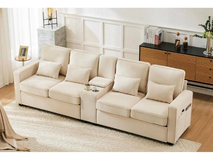 autolock 4-Sitzer XXL-Sofa mit Konsole Getränkehaltern USB-Anschlüssen Armlehnentaschen, Multifunktionssofa Polstermöbel aus Leinenstoff für Wohnzimmer von autolock