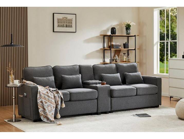 autolock 4-Sitzer XXL-Sofa mit Konsole Getränkehaltern USB-Anschlüssen Armlehnentaschen, Multifunktionssofa Polstermöbel aus Leinenstoff für Wohnzimmer von autolock