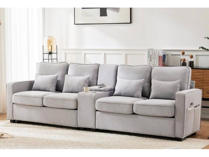 autolock 4-Sitzer XXL-Sofa mit Konsole Getränkehaltern USB-Anschlüssen Armlehnentaschen, Multifunktionssofa Polstermöbel aus Leinenstoff für Wohnzimmer von autolock
