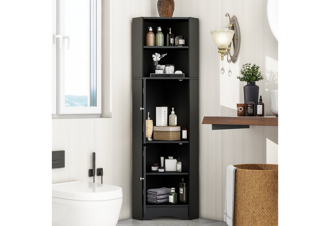 autolock Badkommode Hochschrank Badschrank mit verstellbarem Einlegeboden, Kippschutz (Eckschrank 36.5x 36.5 x 155 cm, mit 2 Ablagefächern, offenes Fach), Badmöbel für Bad & Wohnzimmer von autolock