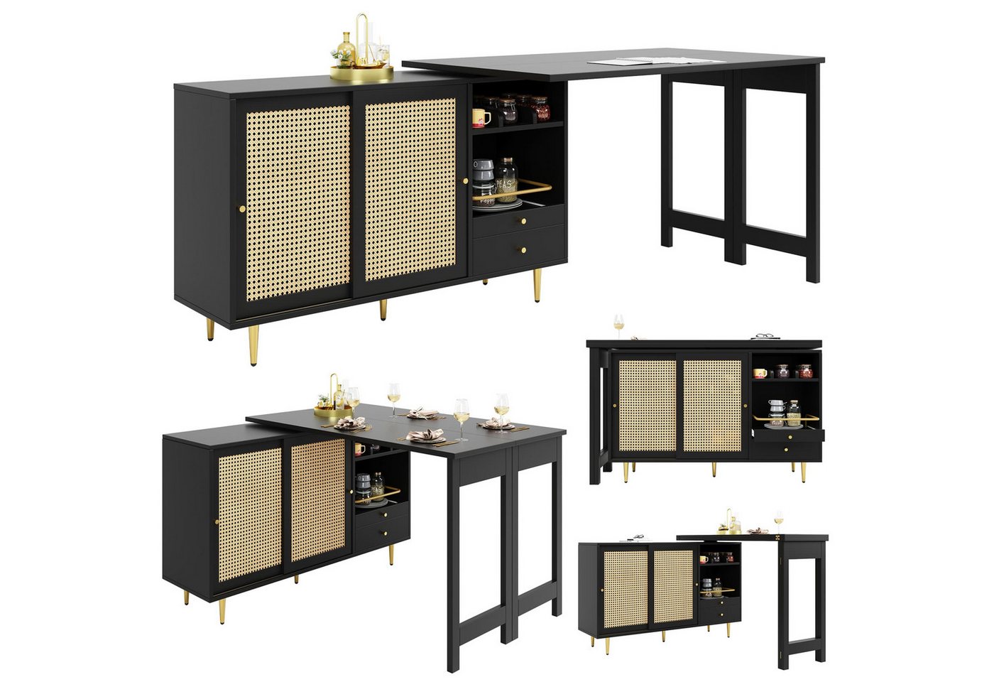 autolock Bartisch 360° drehbarer Bartisch ausziehbarer Stehtisch mit Rattantür & Regal (107x40x71,4 cm), Multifunktionaler Stehtisch Küchentisch Esstisch in Schwarz von autolock