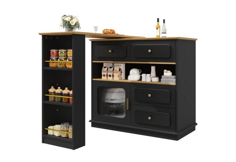 autolock Bartisch Ausziehbarer Bartisch mit Stauraum(H/125-181cm) 360° drehbare Essbar, Moderner Beweglicher Bar Table, Sideboardschrank mit Regalen und Glas von autolock