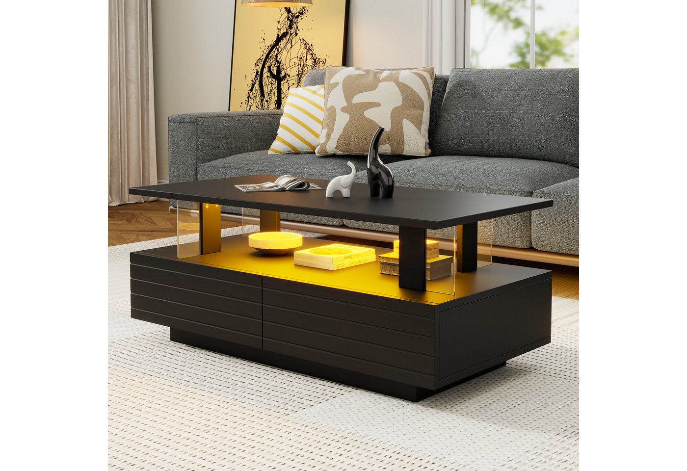 autolock Couchtisch Acryl-LED-Couchtisch Moderner Wohnzimmertisch Sofa-Beistelltisch (100 × 50 × 42 cm), Rechteckiger Doppelschicht Tisch LED mit Bluetooth-Handy-App-Steuerung von autolock