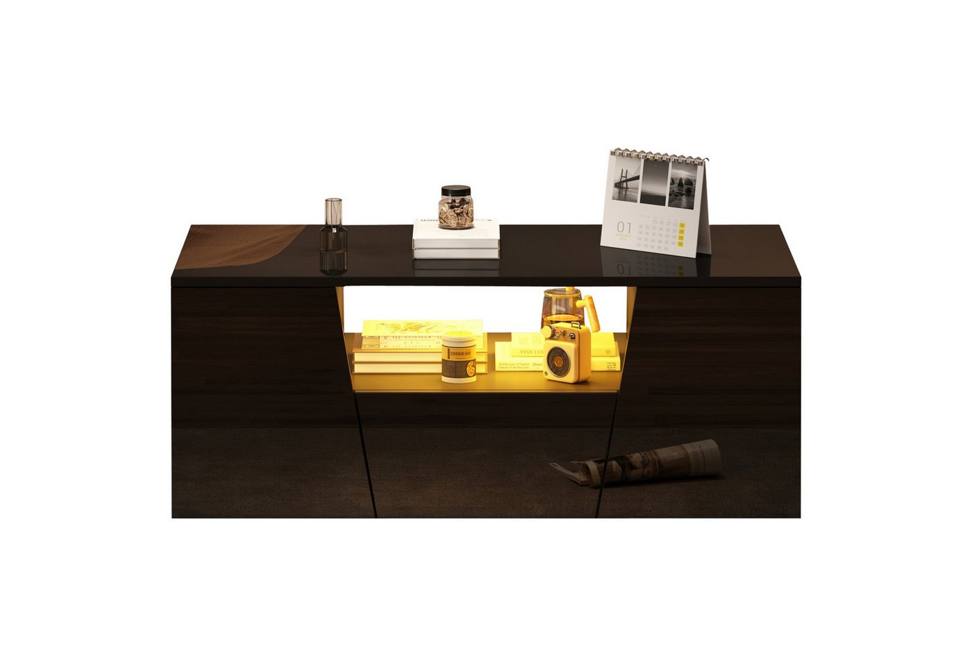 autolock Couchtisch Beistelltisch Hochglanz sofatisch mit LED Leuchten App-Steuerung (100×50×40 cm Unregelmäßiges Design 2 Türen & 1 Schublade), Wohnzimmertisch Kaffeetisch für kleine Wohnungen, Weiß von autolock