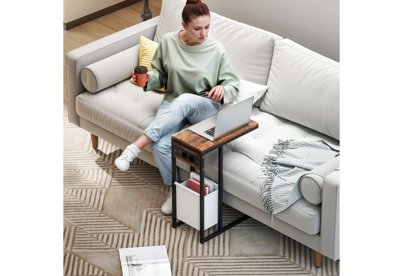 autolock Couchtisch Beistelltisch Nachttisch mit Tragetasche, USB-Anschluss, Steckdosen (46×25×62.5 cm), Schreibtisch Computertisch in C-Form für Wohnzimmer, Schlafzimmer von autolock