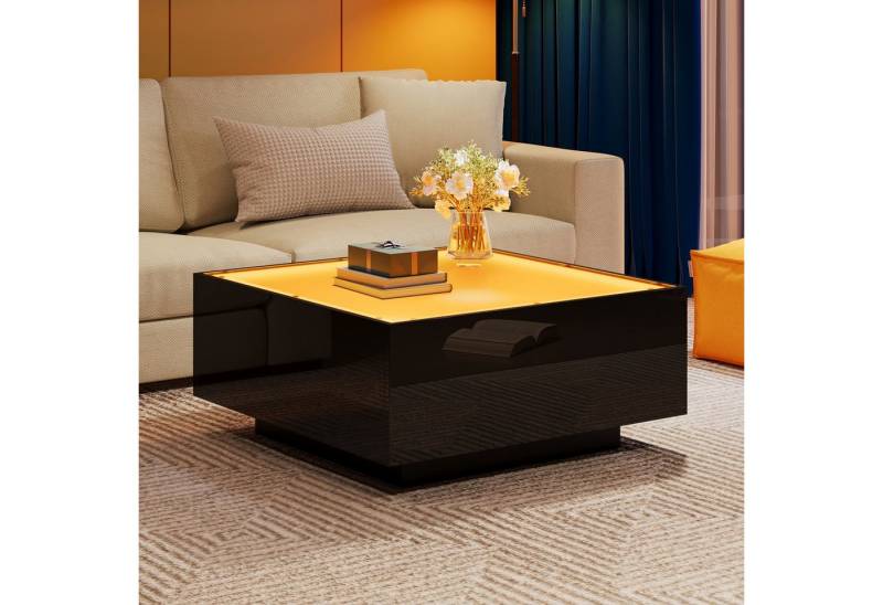 autolock Couchtisch Beistelltisch Sofatisch hochglänzende Kaffeetisch mit LED-Leuchten (70*70*36 cm), Wohnzimmertisch mit Glastischplatte für kleine Räum,Schwarz von autolock