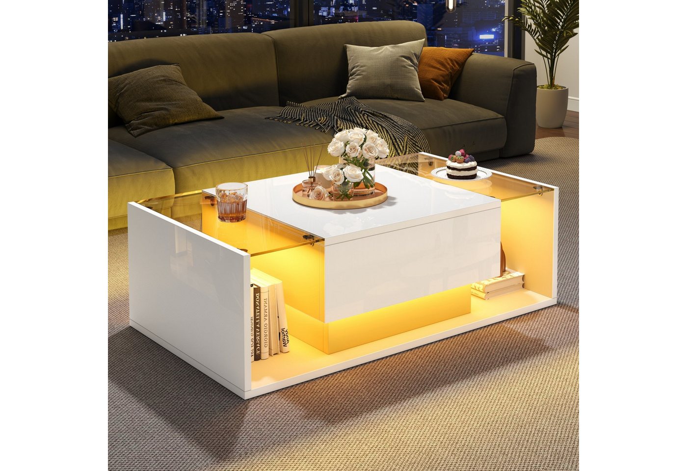 autolock Couchtisch Beistelltisch aus gehärtetem Glas mit LED-Leuchte, Hochglanz-Sofatisch (100*50*31cm), Kaffeetisch Wohnzimmertisch minimalistischen Design von autolock