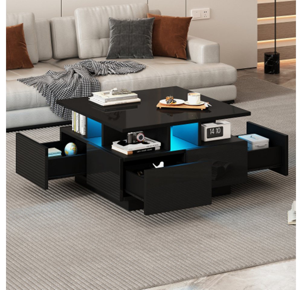 autolock Couchtisch Couchtisch, Teetisch, Hochglanz kaffeetisch mit LED licht, sofatisch mit 4 schubladen,Beistelltisch mit geometrische Design von autolock