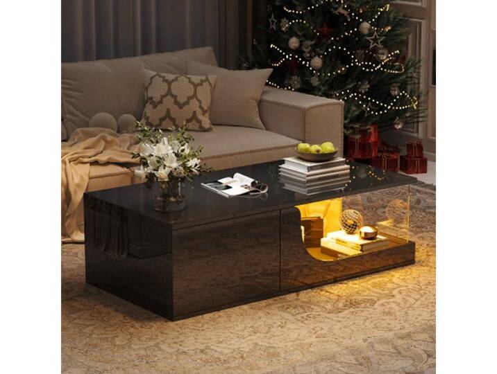 autolock Couchtisch Couchtisch,Sofatisch mit 2 Schubladen, Hochglanz Beistelltisch, Wohnzimmertisch, kaffeetisch mit LED,100*50*30cm, schwarz von autolock