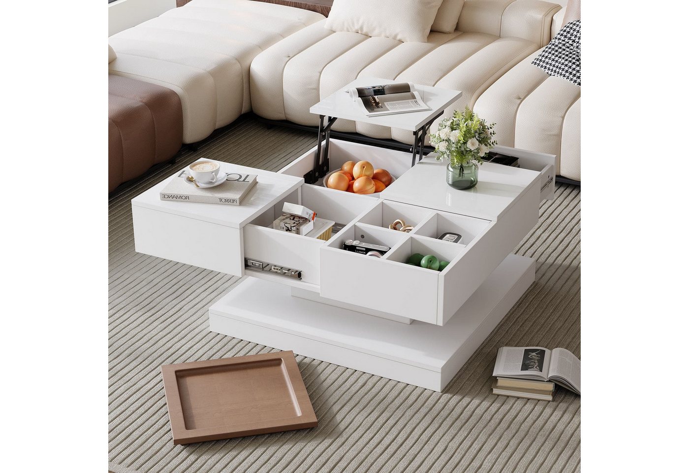 autolock Couchtisch Couchtisch Anhebbarer Hochglanz Sofa-Beistelltisch Multifunktionstisch (75.5*75.5*38cm), Beistelltisch Wohnzimmertisch für kleine Räume von autolock