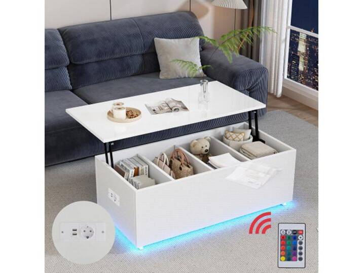 autolock Couchtisch Couchtisch mit LED-Beleuchtung und verstecktem Stauraum -, Beistelltisch mit hydraulischem Hub, 100*50*35 cm, weiß von autolock