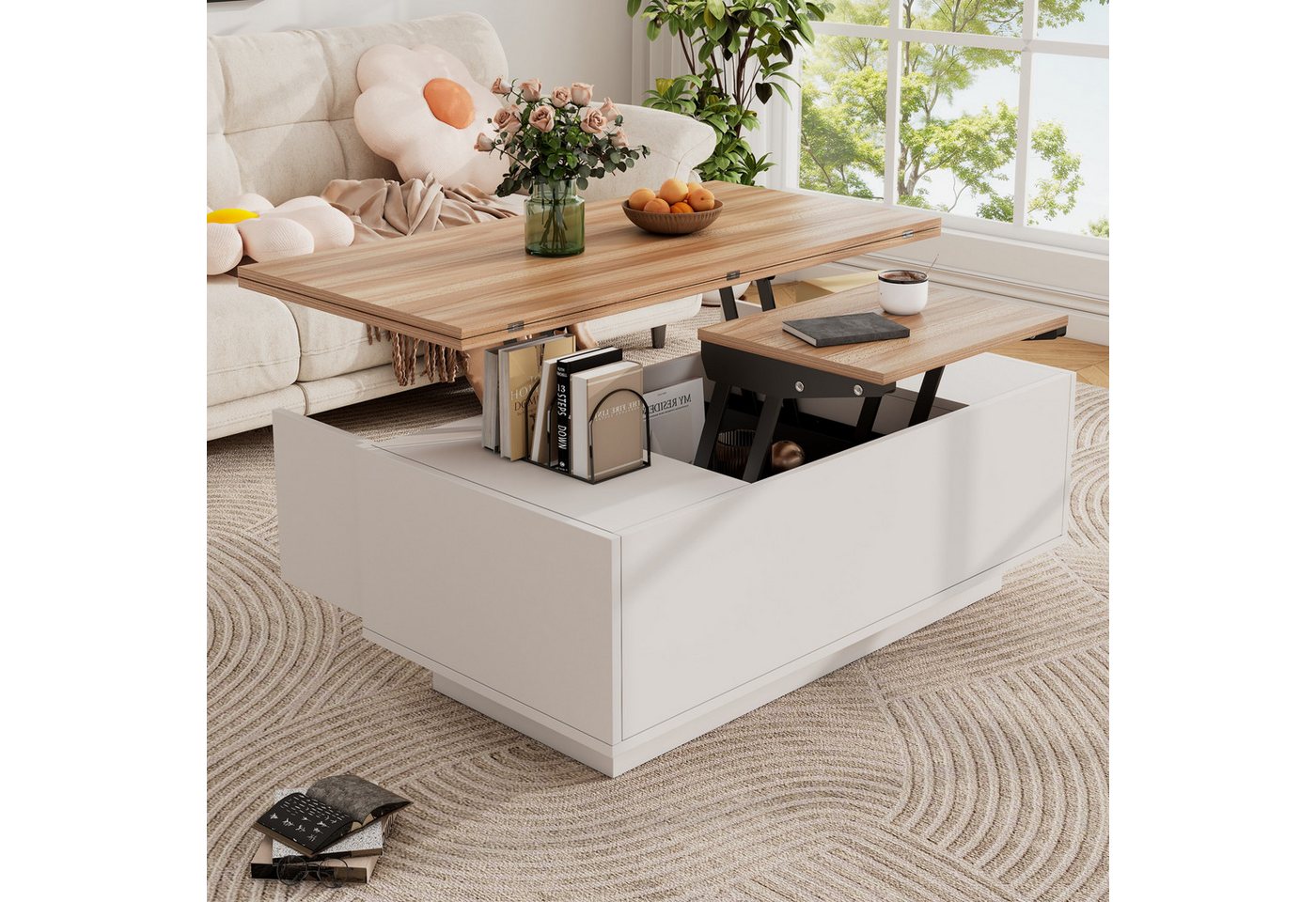 autolock Couchtisch Freizeittisch Höhenverstellbarer Multifunktionstisch mit XXL-Stauraum (Sofatisch mit Interner Stauraum mit anhebbarer Arbeitsfläche), Büro-Esstisch Multifunktionstisch Tischplatte öffnet sich zu 2 Tischen von autolock