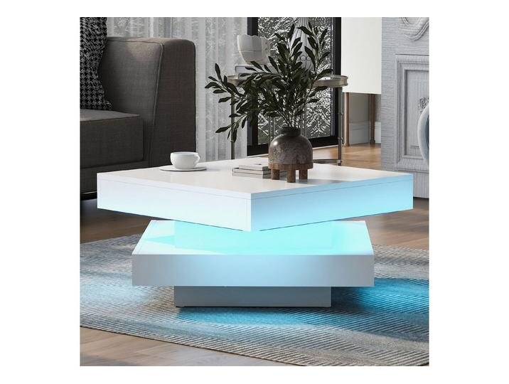 autolock Couchtisch Hochglanz Couchtisch mit 16-farbigem LED-Licht,drehbarer Platte, weiß von autolock