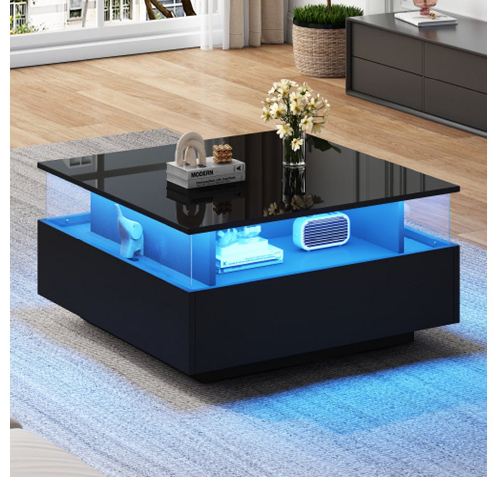 autolock Couchtisch LED-Couchtisch Kaffeetisch mit 2 Schubladen und transparentem, Präsentationsbereich Belastbar bis 30 kg,für Wohnzimmer 70*70*41cm von autolock