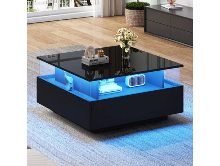 autolock Couchtisch LED-Couchtisch Kaffeetisch mit 2 Schubladen und transparentem, Präsentationsbereich Belastbar bis 30 kg,für Wohnzimmer 70*70*41cm von autolock