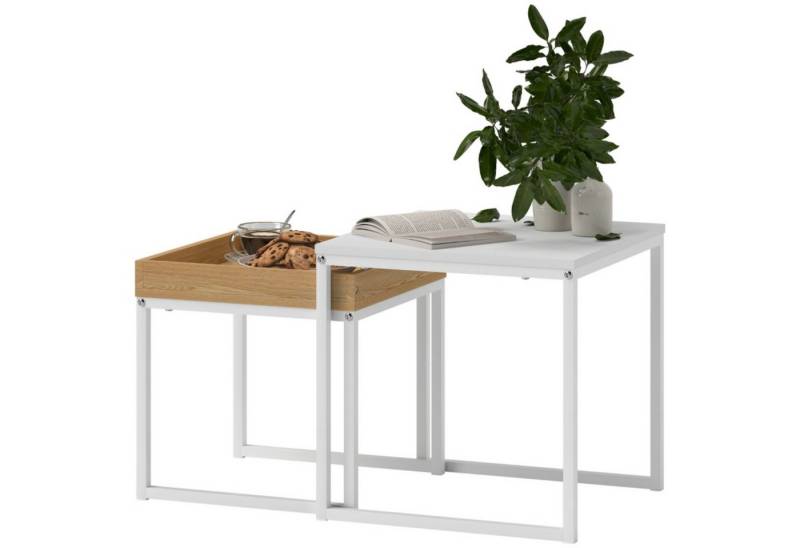 autolock Couchtisch Moderner Couchtisch, 2er-Set, quadratisch, MDF & Stahl, Weiß/Schwarz, Sofa-Beistelltisch Sofatisch für Wohn- und Schlafzimmer von autolock