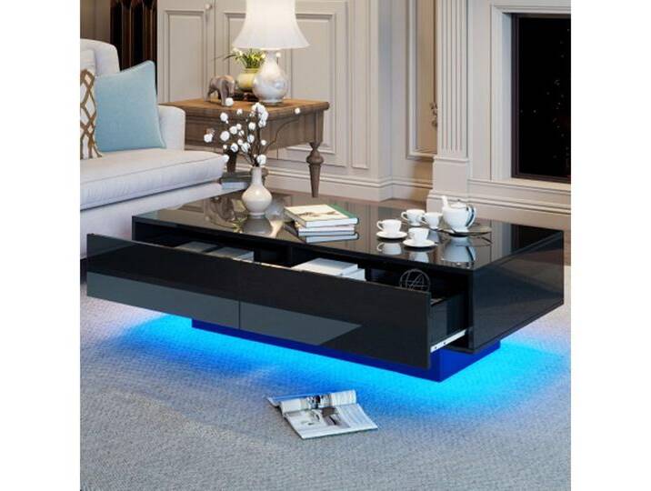 autolock Couchtisch Moderner Couchtisch mit 2 Schubladen, Kaffeetisch mit LED, -Beleuchtung, Wohnzimmer-Sofatisch115 x 55 x 34 cm, schwarz von autolock