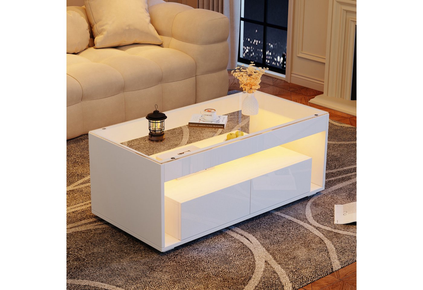 autolock Couchtisch Moderner Couchtisch mit LED-Licht,Hochglanz rechteckiger sofatisch (100*50*40 cm doppelschichtiges Design), Beistelltisch Wohnzimmertisch aus Glas mit 2 Schubladen, Weiß/Schwarz von autolock