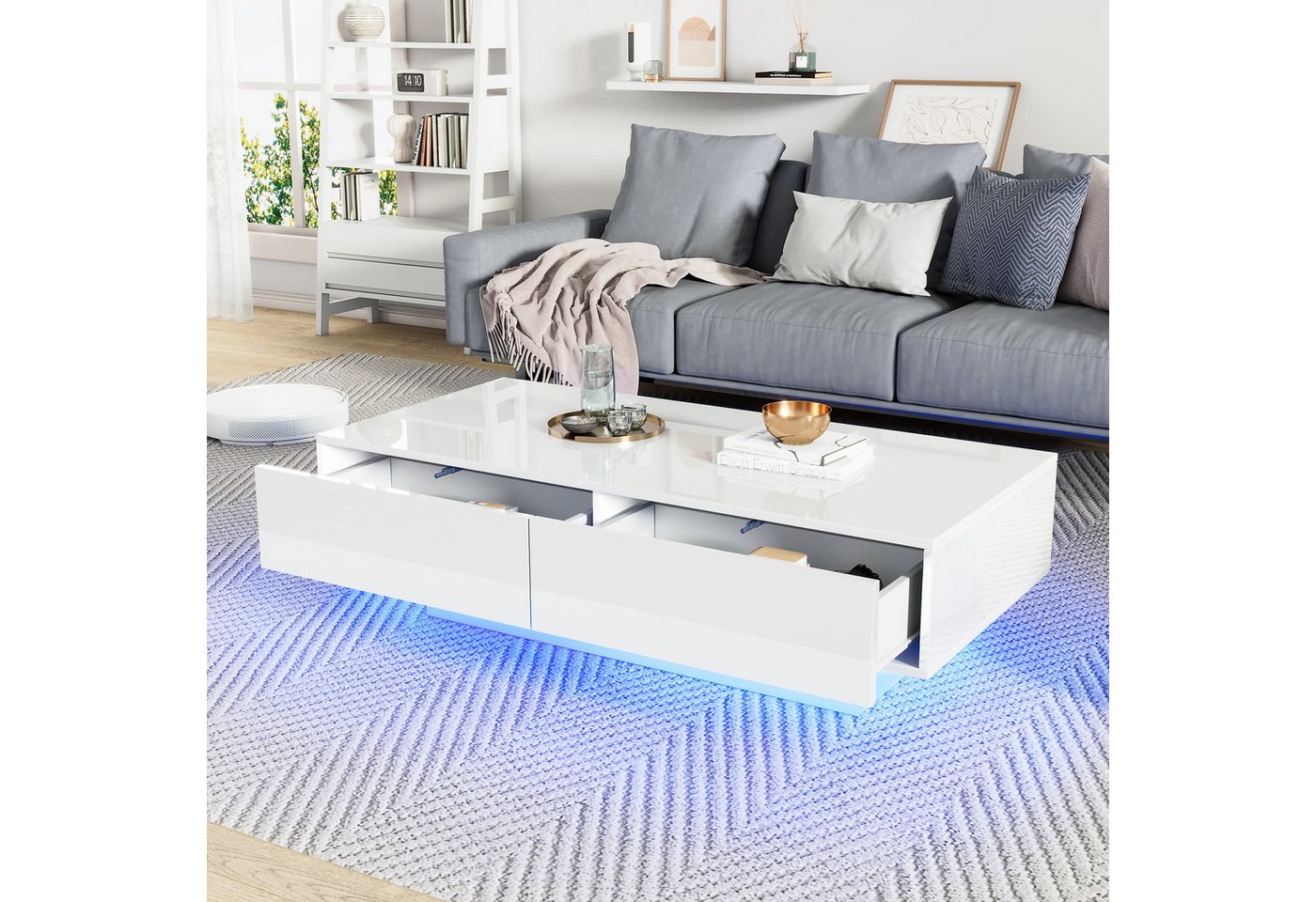 autolock Couchtisch Moderner Hochglanz Kaffetisch mit LED-Beleuchtung 115x55x34 cm, Sofa-Beistelltisch mit 2 Schubladen für kleine Raume autolock Couchtisch Moderner Hochglanz Kaffetisch mit LED-Beleuchtung 115x55x34 cm, Sofa-Beistelltisch mit 2 Schubladen für kleine Raume von autolock