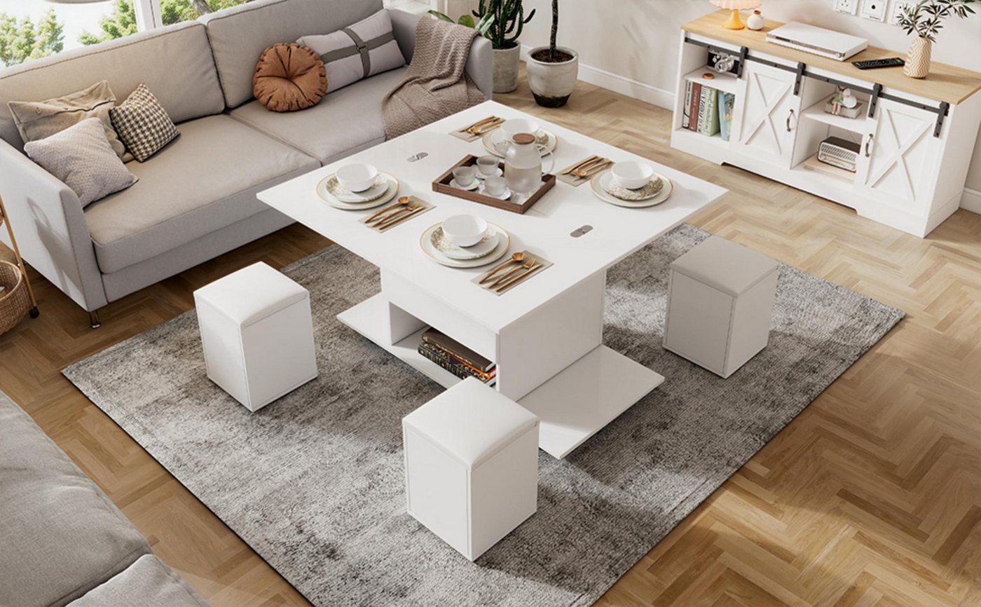 autolock Couchtisch Multifunktionaler Couchtisch mit aufklappbarer Tischplatte 4 Hocker (Verstellbarer Tisch 2-fach hebbar Versteckter Hocker mit Stauraum), Sofa-Beistelltisch für Wohnzimmer, Freizeit, Kleine Wohnung von autolock