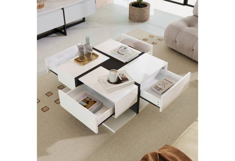 autolock Couchtisch Quadratischer Couchtisch mit 4 Schubladen kompakt & funktional (78×78×36 cm), Sofa-Beistelltisch für Schlafzimmer und Wohnzimmer von autolock
