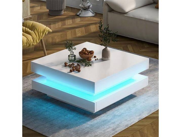 autolock Couchtisch Weißer quadratischer Hochglanz-Couchtisch mit drehbarer, Platte - Moderner Techno-Stil mit 16-farbigem LED-Licht von autolock