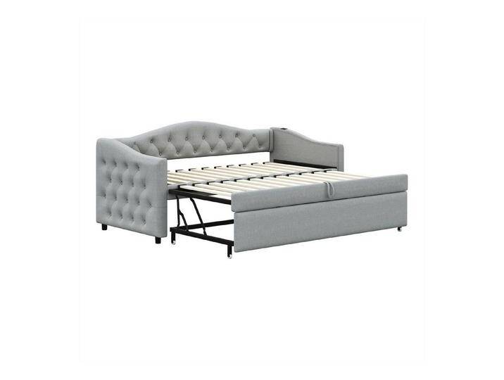 autolock Daybett Polsterbett Ausziehbares Schlafsofa,Gästebett,Mit USB-Anschluss, Klassische Form mit Knöpfen mit Lattenrost, Multifunktionsbett, grau von autolock